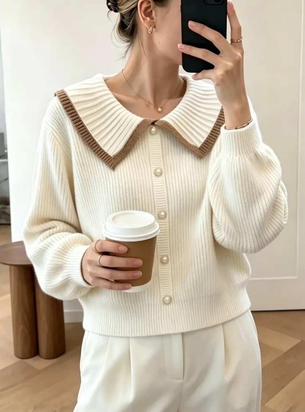 Women's French-Style Sweater with Ruffle Collar & Pearl Buttons - Brown Trim